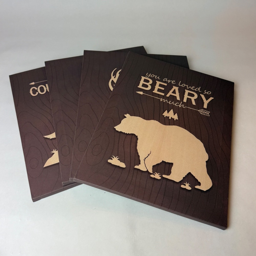 Woodland Nursery Wall Art Set 4 Piece Canvas Bear Deer Wolf Teepee Rustic Brown